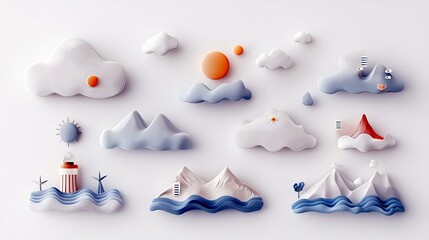 A collection of stylized 3D elements depicting weather, mountains, and coastal scenes, arranged on a plain white surface.