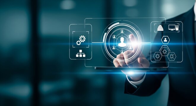 Businessman Interacting with Holographic Interface Showing User Node and Gear Icon - Powered by Adobe