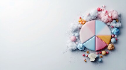 A visually appealing arrangement of pastel-colored pie chart segments, surrounded by soft, cloud-like decorations and various sweet treats.