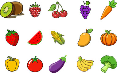 Colorful Cartoon Fruit and Vegetable Vector Icon Set