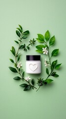 A white cosmetic jar with a heart design sits centrally, framed by a wreath of lush green leaves and delicate white flowers, against a soft green backdrop.