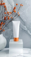 A white cosmetic tube with an orange band sits on a clear display block, with decorative orange flowers and a marbled background.