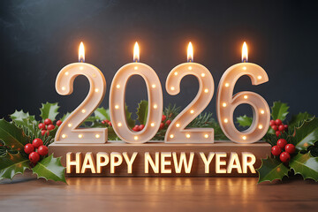 Illuminated 2026 candles with happy new year message and festive decorations
