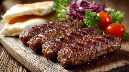 Traditional balkan kebapche and cevapcici minced meat grilled to perfection, served hot with rustic wooden platter, authentic southeast european cuisine and street food specialty