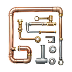 Fototapeta premium Assorted pipes and fittings neatly arranged on a smooth gray surface for industrial display, isolated on transparent background