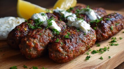 Traditional balkan kebapche and cevapcici minced meat grilled to perfection, served hot with rustic wooden platter, authentic southeast european cuisine and street food specialty