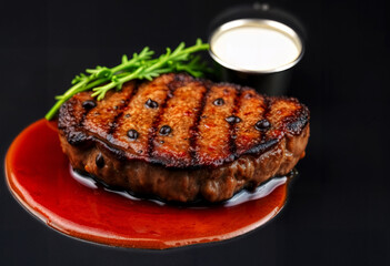 Grilled Beef Steak with Fresh Herbs and Red Glaze on Black Plate