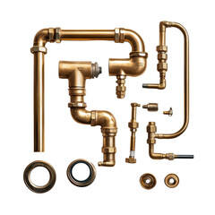 Assorted pipes and fittings neatly arranged on a smooth gray surface for industrial display, isolated on transparent background