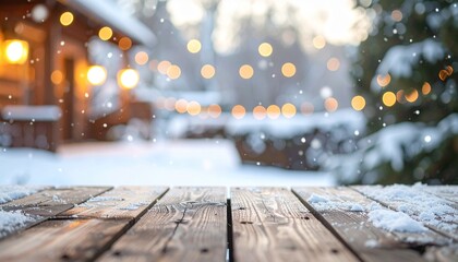 Rustic wooden table with snow and warm cabin lights in snowy winter forest | cozy outdoor holiday atmosphere | blurred festive backdrop for product placement
