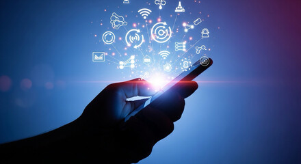 hand holding smartphone in silhouette, glowing network icons (no face visible)