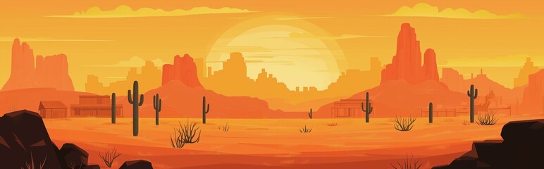 Stylized flat illustration of a Wild West desert town at sunset