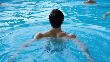 Swimmer pool water blue splash training fitness sport recreation summer boy swims freestyle clear blue pool, male swimmer back view group exercise