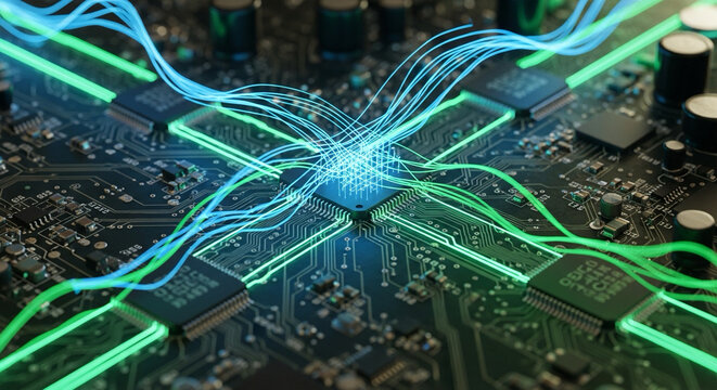 digital circuit board with pulsating light trails, macro shot