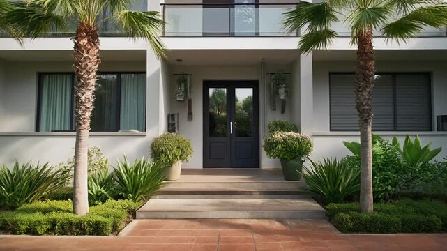 Symmetrical entryway to a modern luxury home with a dark double door, flanked by lush palm trees and manicured landscaping