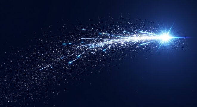 A brilliant starburst effect with a bright core, emitting trails of glowing particles and light streaks against a dark blue backdrop