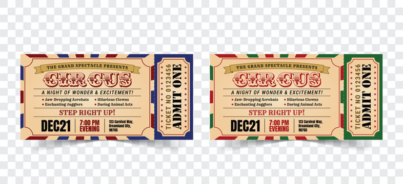 Retro Circus Ticket Template Vintage Carnival Event Layout with 2 Color Version