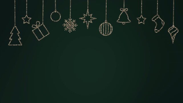 Golden shimmering Christmas decorations appear from above on a green and transparent background. Animation of Christmas toys with alpha channel.