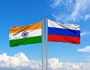 Waving Flags of India and Russia Together on Flagpoles Under a Blue Sky