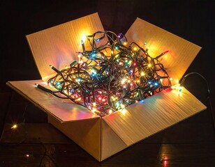 Cardboard Box Filled with Tangled, Multi-Colored Christmas Lights