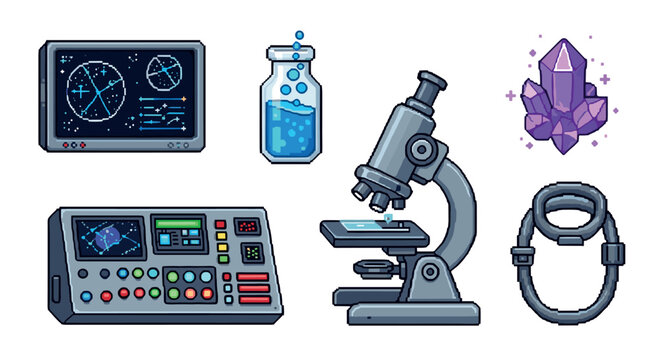 Collection of retro pixel art icons featuring science and fantasy elements, including a microscope, control panel, crystal, potion, and star chart, isolated