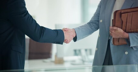 Business people, men and shaking hands in office with welcome for introduction, greeting or b2b meeting. Company merger, employees or handshake for partnership, deal or agreement for opportunity - Powered by Adobe