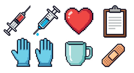 Set of healthcare and hospital themed pixel art icons featuring a syringe, gloves, heart, and clipboard, created in a classic retro video game aesthetic and isolated