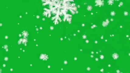 Beautiful and realistic snowflakes falling in a winter wonderland effect on a chroma key green background for easy compositing and editing