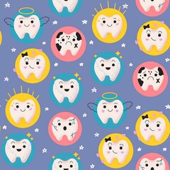 Cute seamless pattern featuring kawaii teeth with different expressions — happy, sad, cracked, angelic, and decorated with hearts and stars. Playful dental-themed design perfect for kids’ products