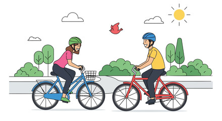 Joyful couple enjoys a sunny day cycling together through a park with lush greenery and a bright sun