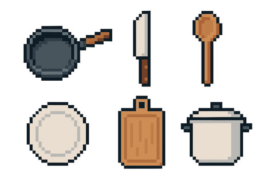Collection of kitchen utensils and cookware including a pan, knife, spoon, and pot, designed in a retro 8-bit pixel art style as a video game asset pack isolated on white