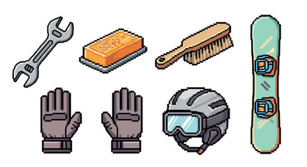 Pixel art collection of snowboarding equipment and maintenance tools, including a snowboard, helmet, gloves, wax, brush, and wrench, isolated