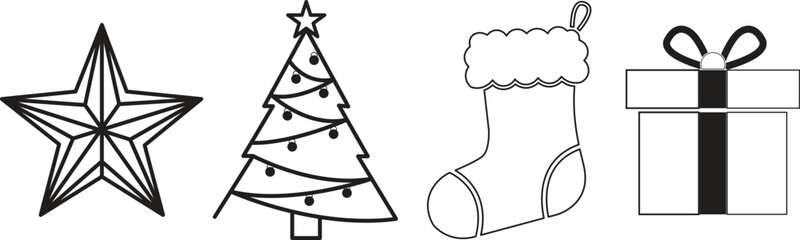 Simple line drawing christmas icons star tree stocking gift box