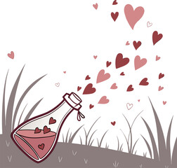 Love potion bottle with hearts floating in the air. (60)