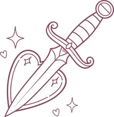 Dagger and heart tattoo design line art illustration. - 60