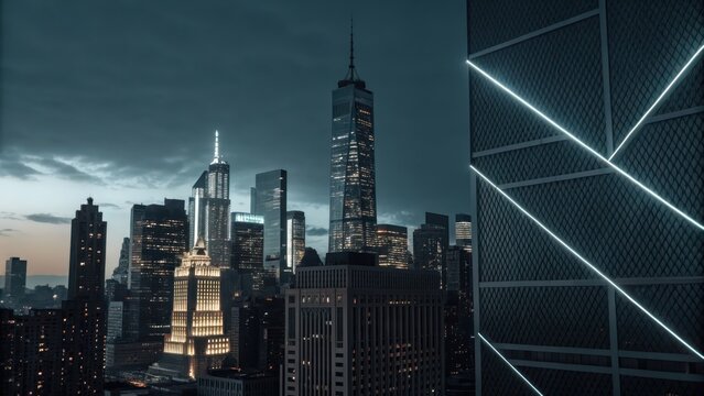 Spectacular skyline view of illuminated modern skyscrapers at dusk, perfect for urban development or architectural design projects evoking sophistication