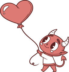 Cute little devil holding a heart shaped balloon cartoon. (60)