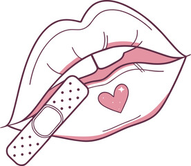 Lips with bandage and heart vector illustration. (60 chars)