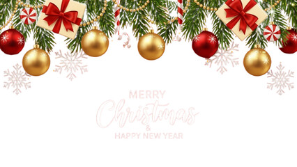 Christmas Garland with Ornaments and Snowflakes on white Background – Merry Christmas Greeting Card