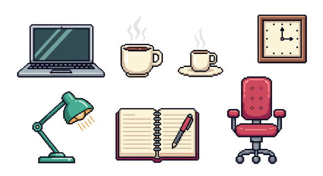 Collection of pixel art office icons including a laptop, coffee, desk lamp, notebook, and chair, isolated in a retro 8-bit video game style