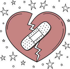 Broken heart mended with bandage surrounded by stars. (60)