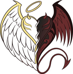 Angel and demon wings in heart shape. good and evil concept.  (60)