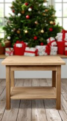 Fototapeta premium Wooden coffee table with shelf in front of christmas tree and gifts by window