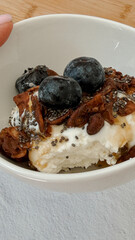 Delicious yogurt with blueberries and nuts in white bowl on wooden table - healthy breakfast concept for cafes, health food stores, nutritionists