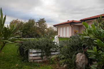 Home decor. Classic modern single story family house with a large garden