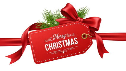 Red Christmas Gift Tag with Bow, Pine Sprig and White Lettering on Clean White Background