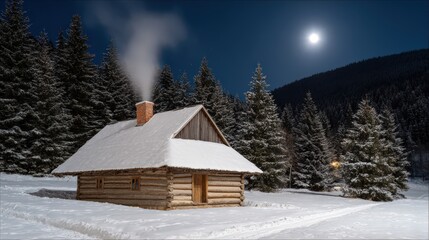Snow-covered cabin in moonlit winter forest landscape