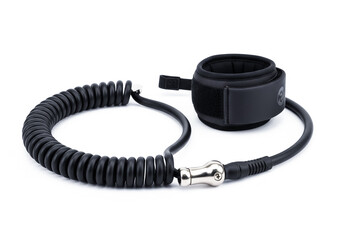 Black Coiled Surfboard or Paddleboard Leash with Ankle Cuff and Metal Swivel, Isolated