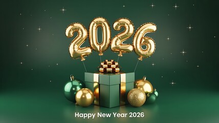 Festive happy new year 2026 background with golden balloon and gift box decoration