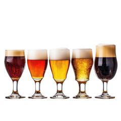 Five distinct beers in glasses arranged on a wooden stand, highlighting their diverse colors and styles, isolated on transparent background