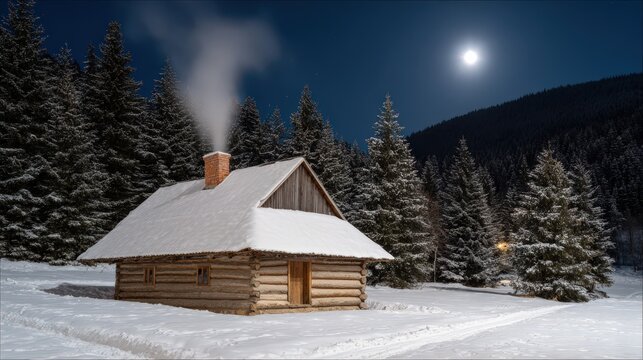 Snow-covered cabin in moonlit winter forest landscape
